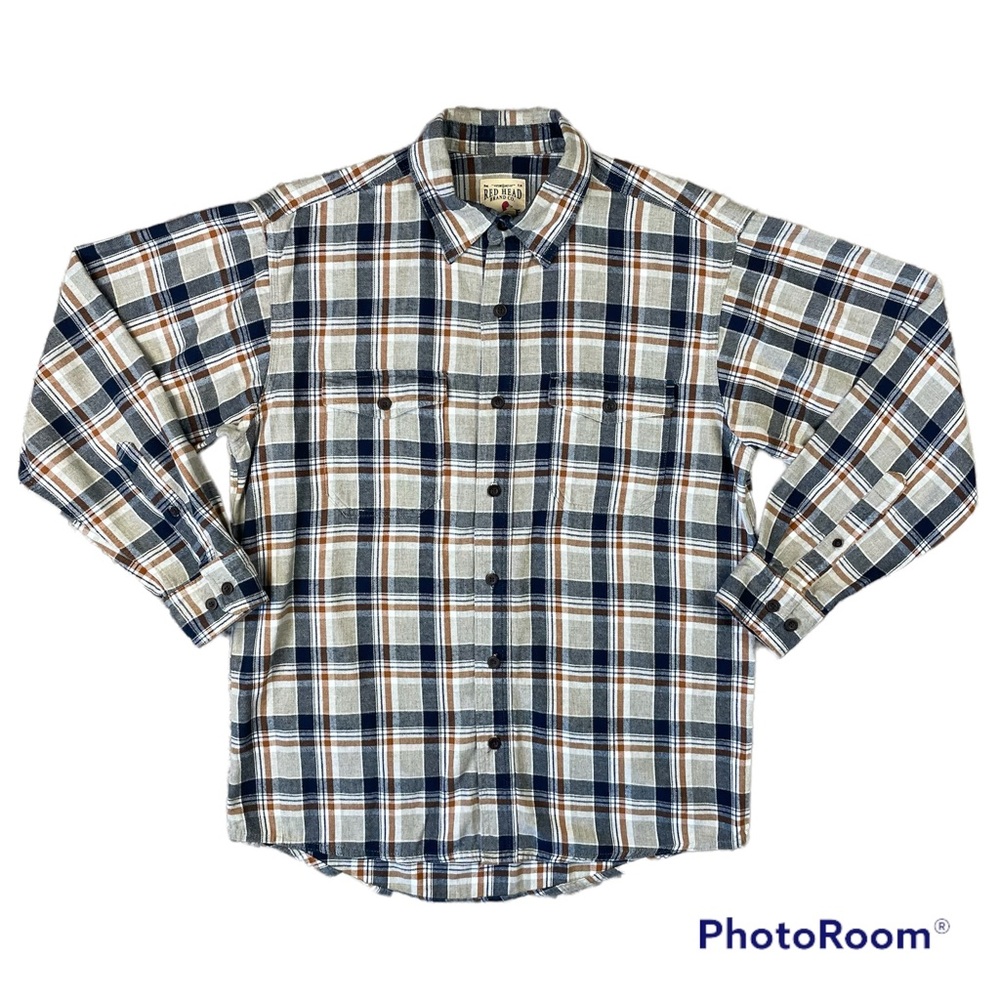 Redhead Mens Medium Long Sleeve Brown Navy Beige Plaid Flannel Button Down Shirt